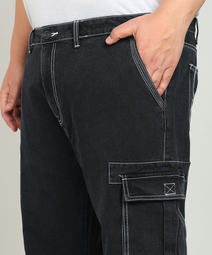 Men Charcoal Grey Regular Fit Solid Cargo Jeans with Contrast Stitch