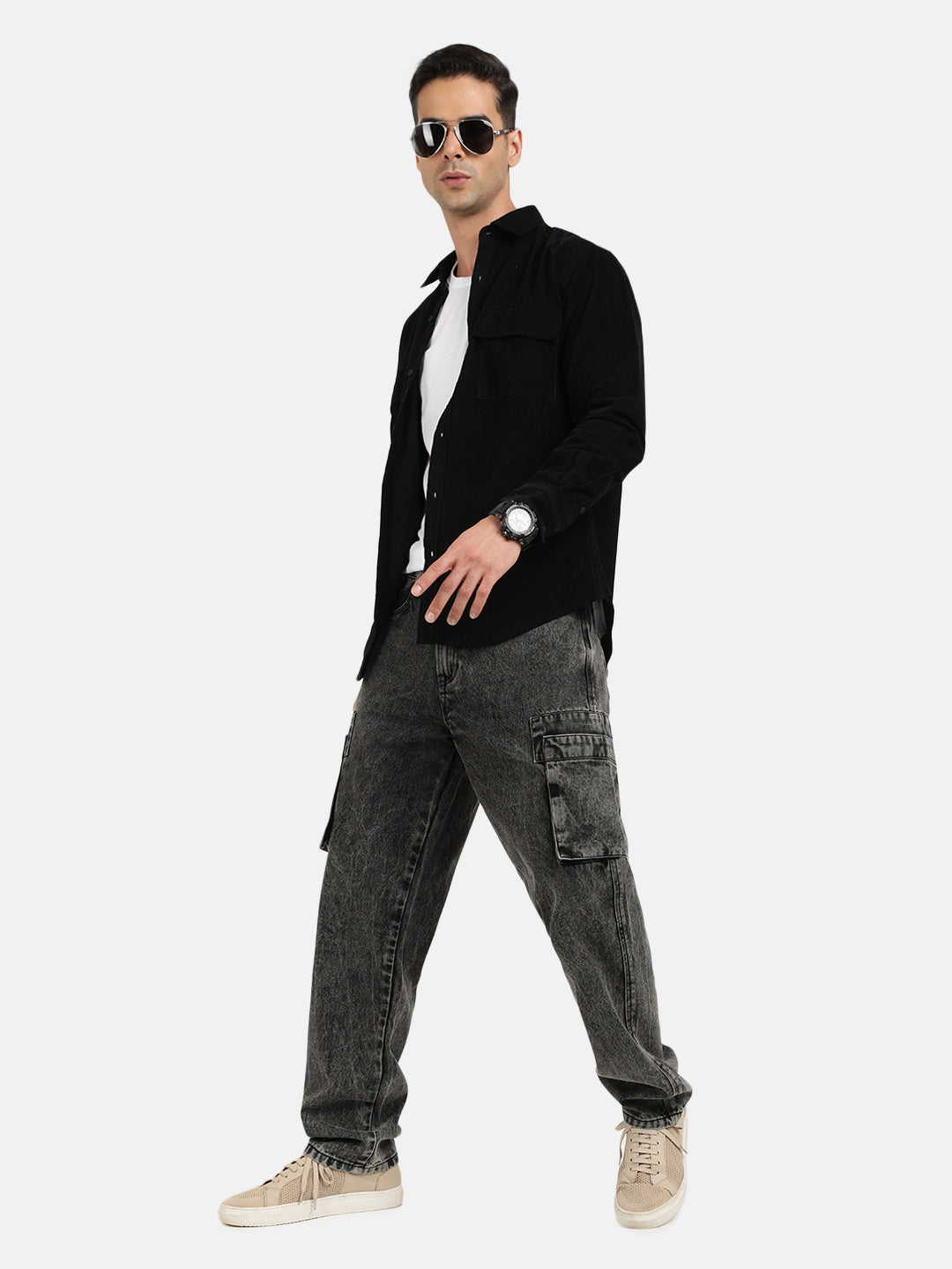 Men Grey Straight Fit Solid Denim Cargo Jeans