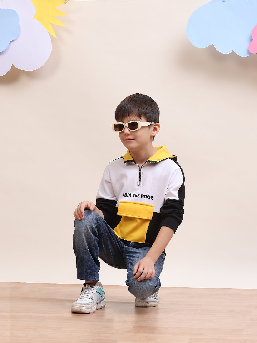 Boys' Color-Block Hoodie with Yellow Pocket