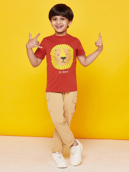 Kid Boys' Lion Print Brown Round Neck T-Shirt with Beige Pants Set