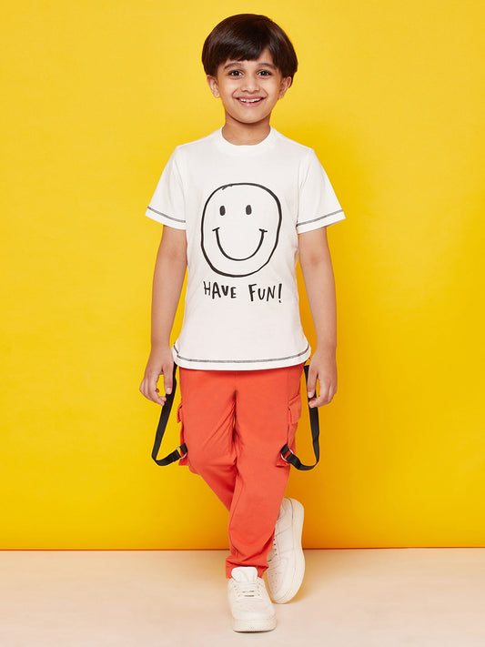 Kid Boys' White Smiley Printed T-Shirt with Orange Pants Set