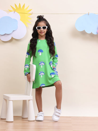 Girls Green Mushroom Print Casual Dress