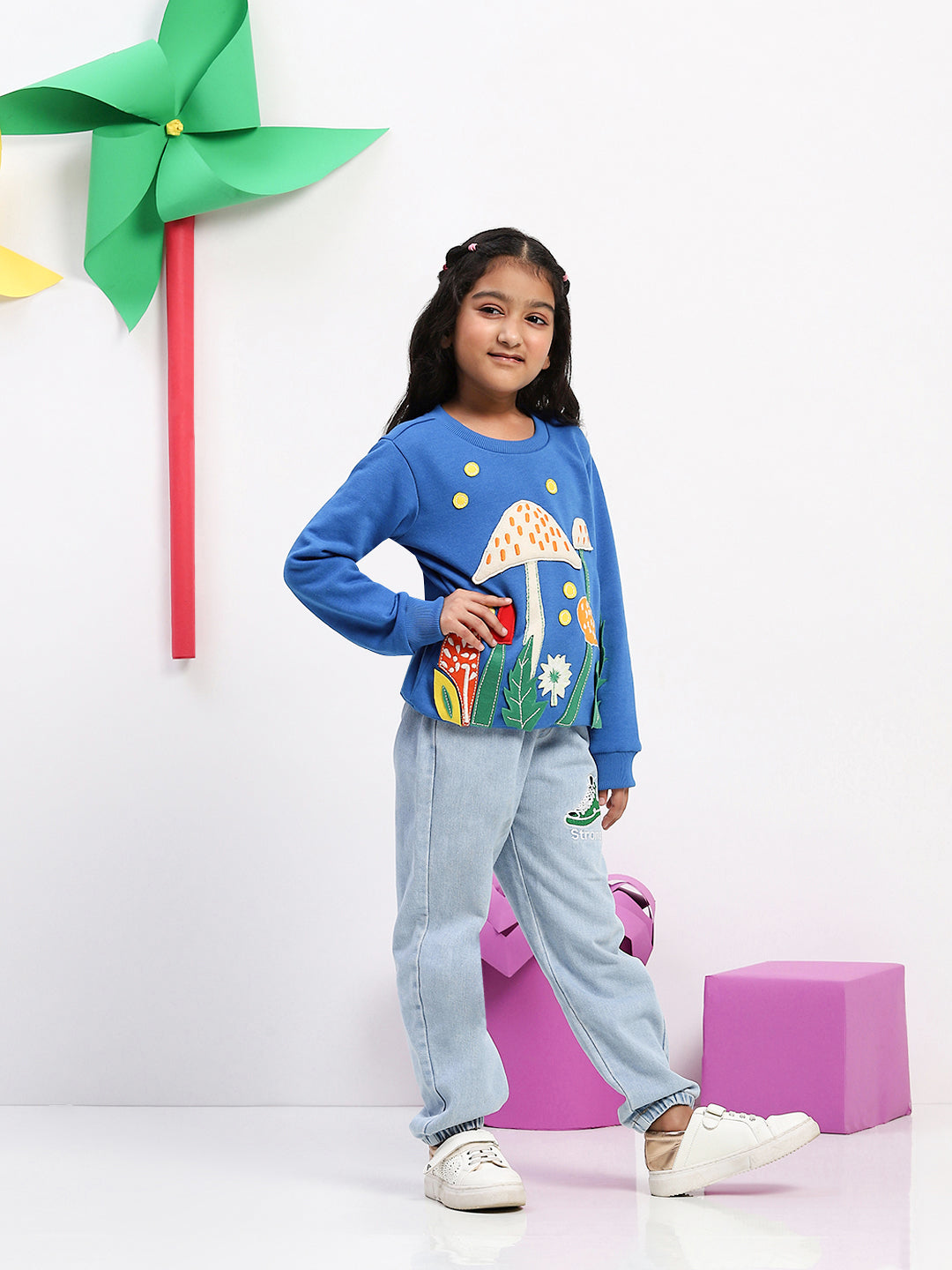 Spunkies Cotton Fleece Knit Padded Mushroom Embroidered Blue Sleeves Girls Sweatshirt