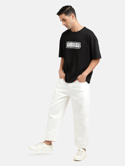 Men White Loose Relaxed Fit Solid Cropped Jeans