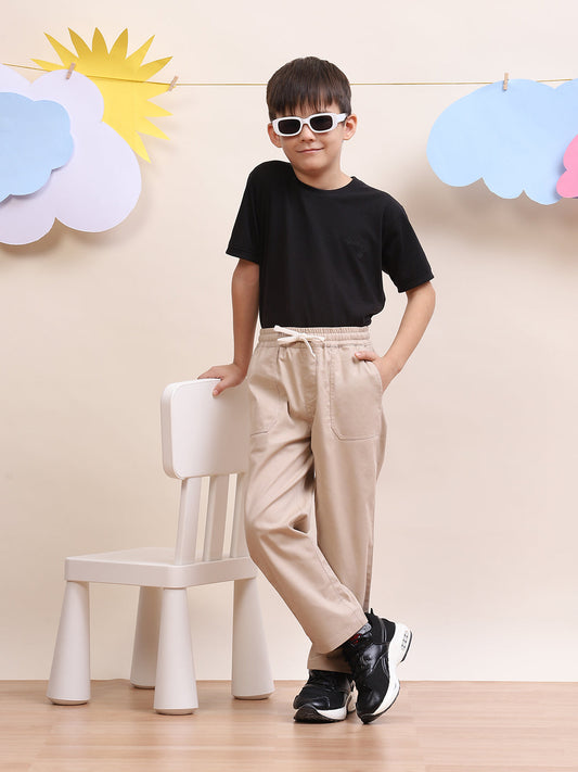 Spunkies Twill Cotton Woven Solid Regular Casual Wear Pant Boys Beige Soft Fabric