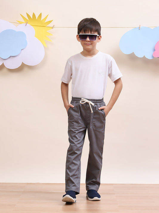 Spunkies Twill Cotton Woven Solid Regular Casual Wear Pant Boys Grey Soft Fabric