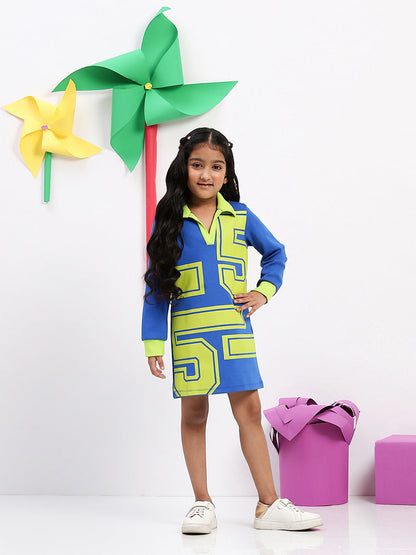 Girls Blue and Green Geometric Print Dress