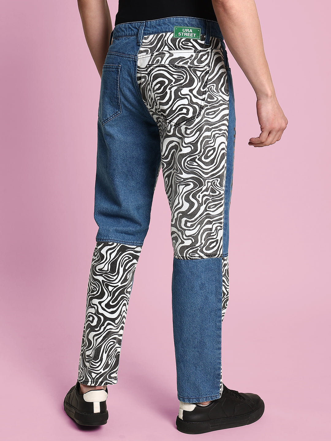 Men's Trendy Blue Jeans with Swirls Print Cut & Sew