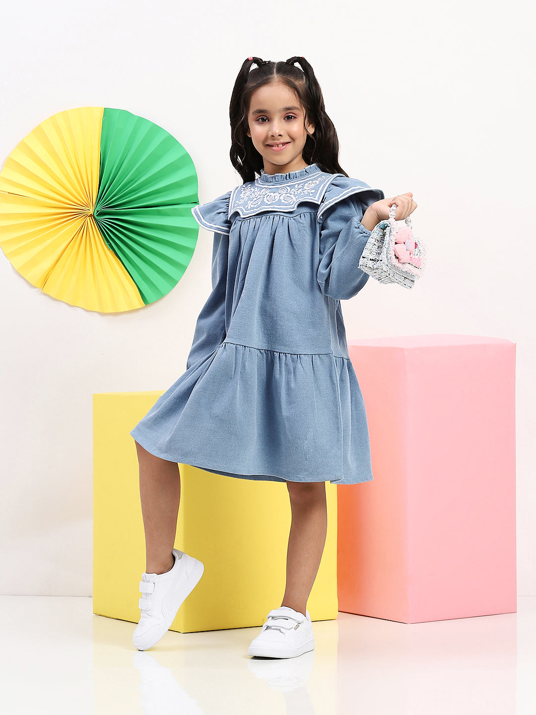 Chic Blue Denim Dress for Girls with Embroidered Yoke