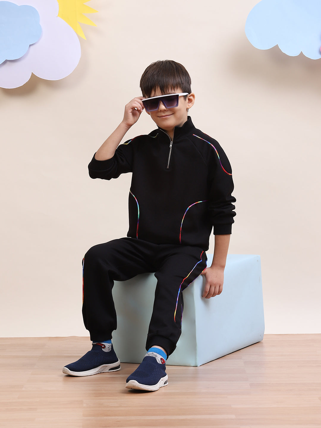 Unisex Black Tracksuit Set with Rainbow Piping