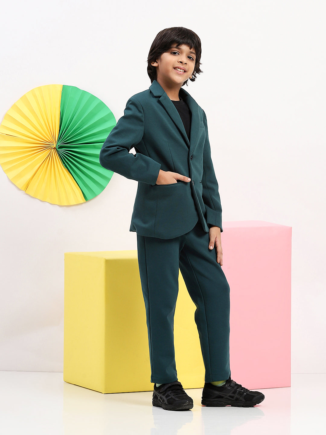 Boys' Classic Green Blazer & Trousers Suit Set - Elegant Formal Wear