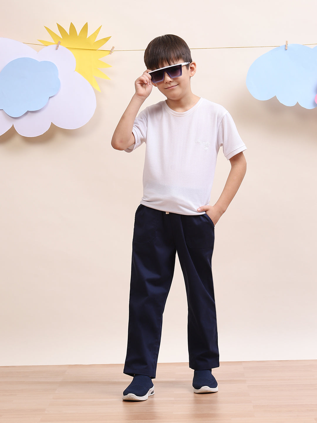 Spunkies Twill Cotton Woven Solid Regular Casual Wear Pant Boys Navy Blue Soft Fabric