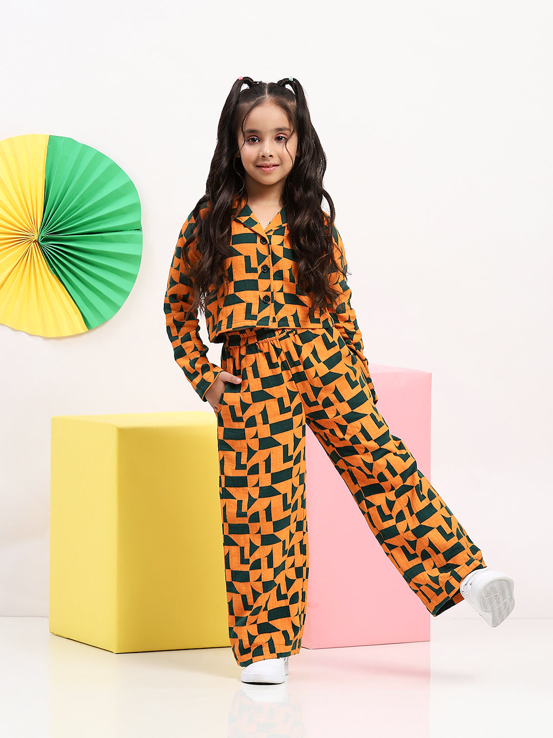 Spunkies Cotton Gauze Woven Printed Regular Casual Wear Set Girls Full Sleeve Multicolor Soft Fabric