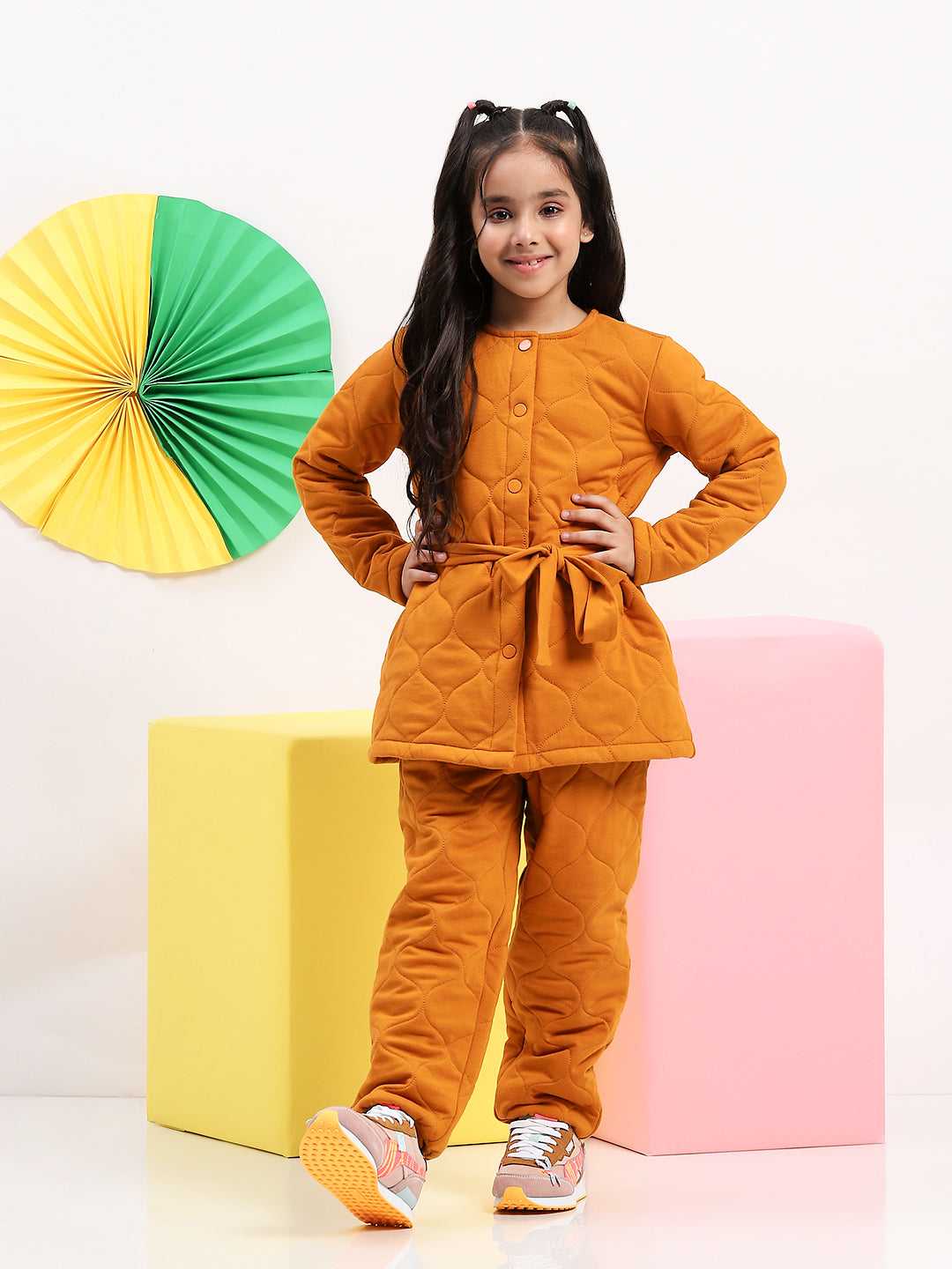 Girls' Quilted Mustard Jacket & Pant Set - Cozy & Stylish Two-Piece Outfit