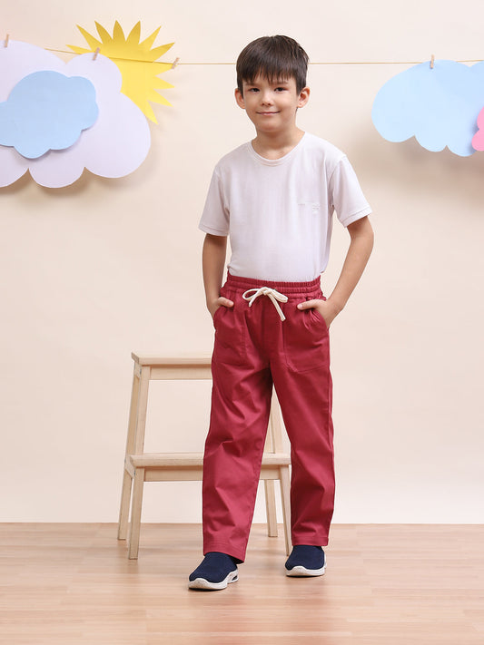 Spunkies Twill Cotton Woven Solid Regular Casual Wear Pant  Boys Wine Soft Fabric