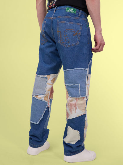 Men Blue Relaxed Fit Jeans with Patchwork