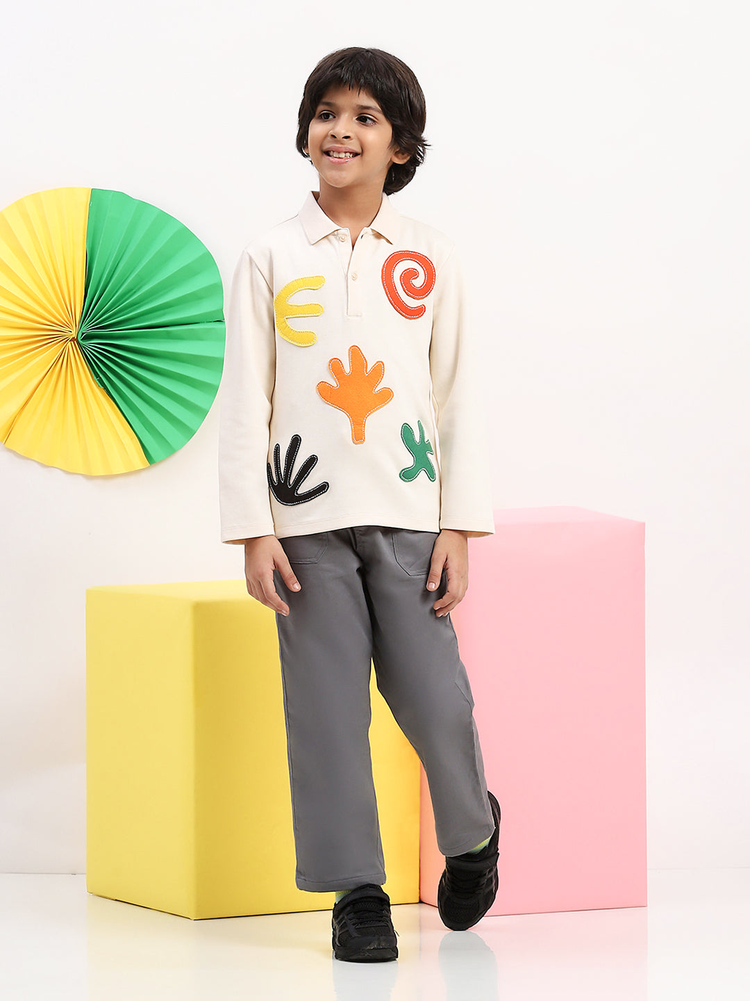 Boys' Long-Sleeve Graphic Polo Shirt with Colorful Appliqué Details - Fun & Stylish