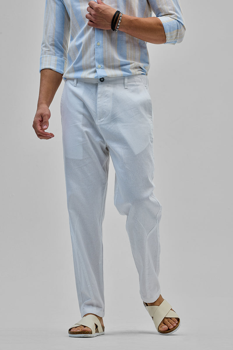 White Textured Relaxed Fit Trousers