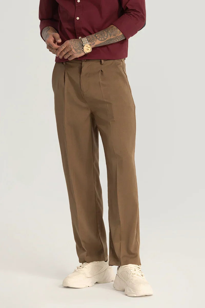 Brown Plain Relaxed Fit Trousers