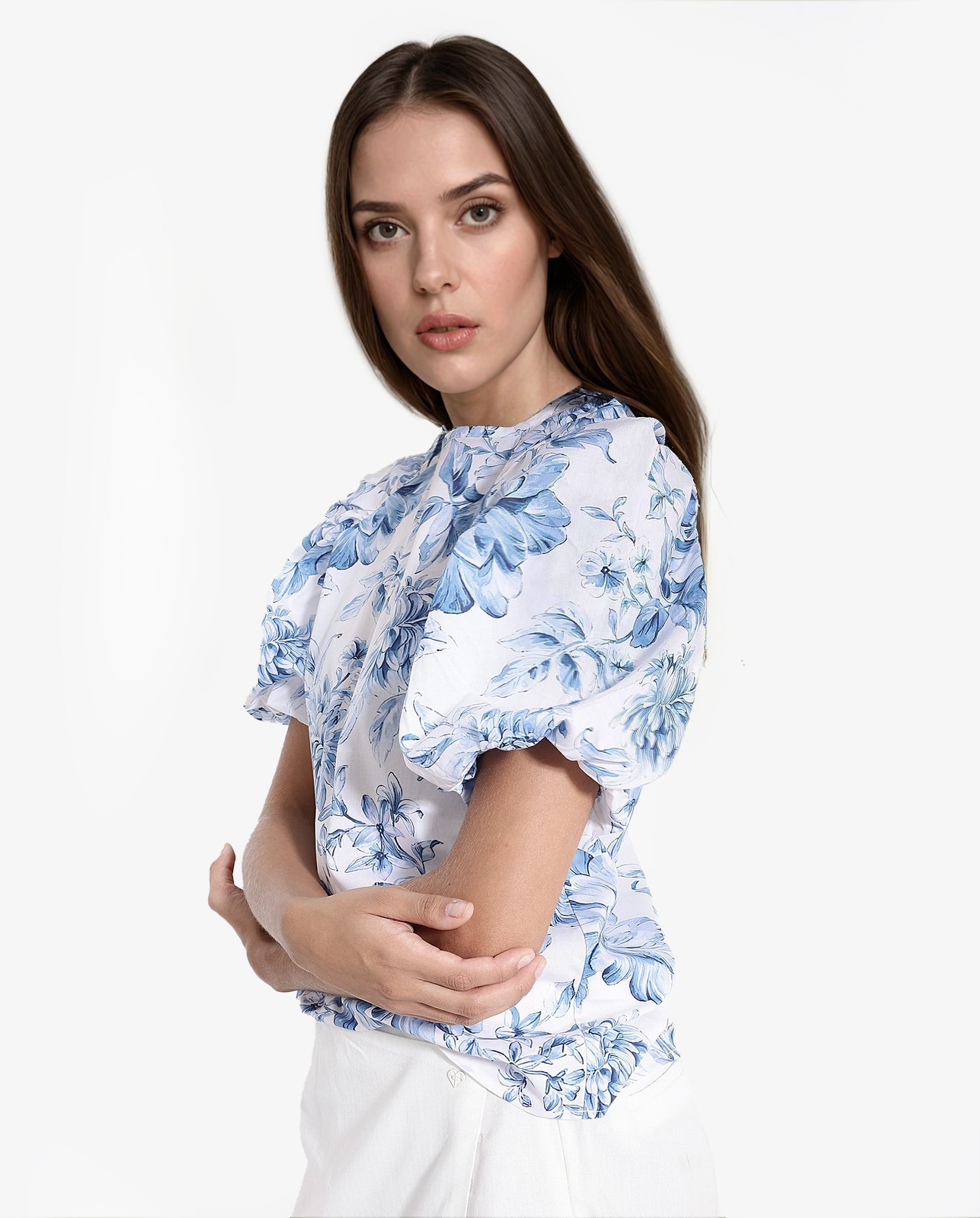 Rareism Women Bobbie Blue Raglan Sleeves Collared Neck Button Closure Floral Print Top