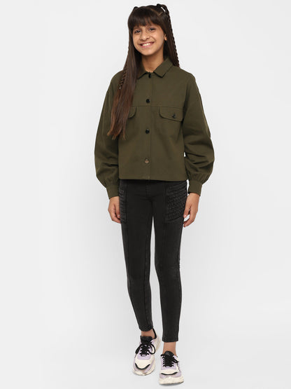 Spunkies-Girls-Full-Sleeve-Jacket-Olive