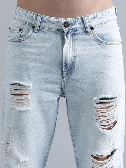 Men Light Blue Relaxed Fit Solid Highly Distressed Jeans