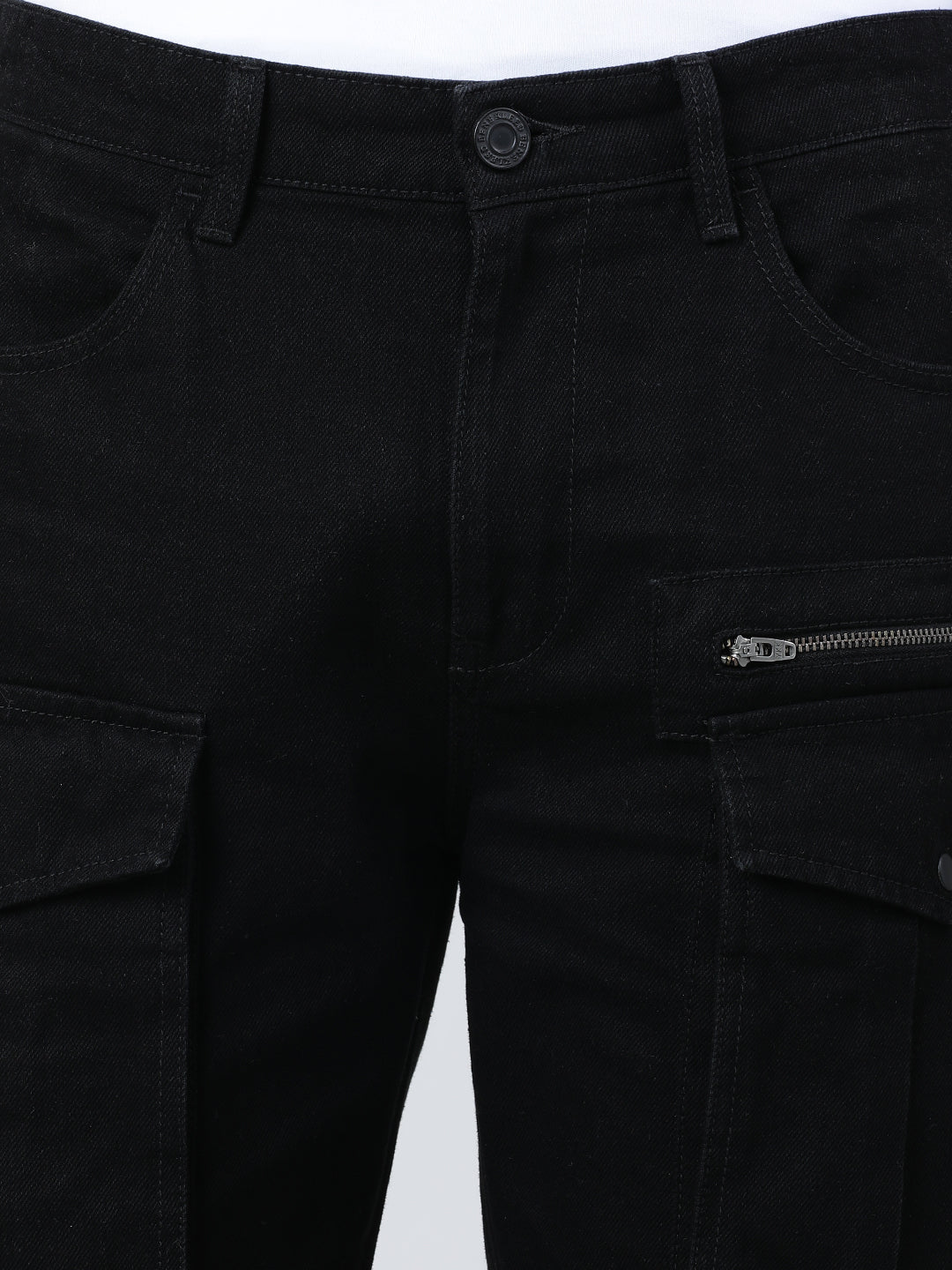 Men Black Relaxed Fit Solid Denim Cargo Jeans