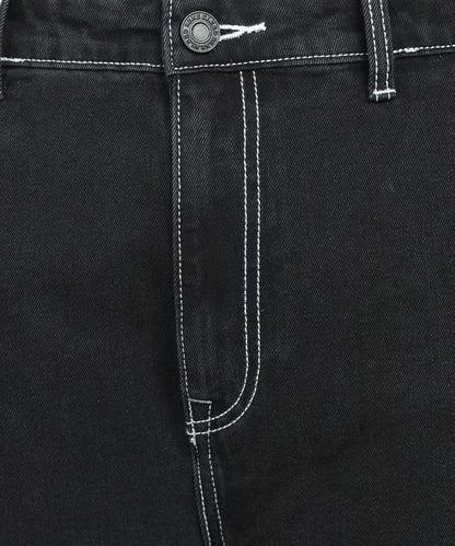 Men Charcoal Grey Regular Fit Solid Cargo Jeans with Contrast Stitch