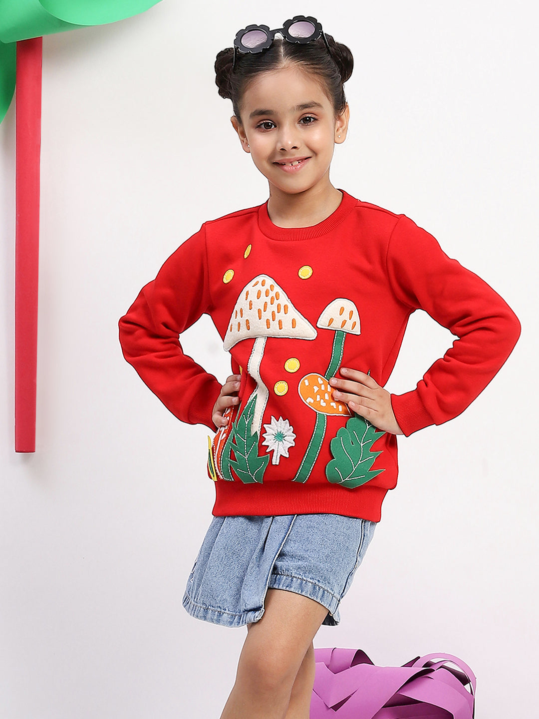 Spunkies Cotton Fleece Knit Padded Mushroom Embroidered Red Full Sleeves Girls Sweatshirt