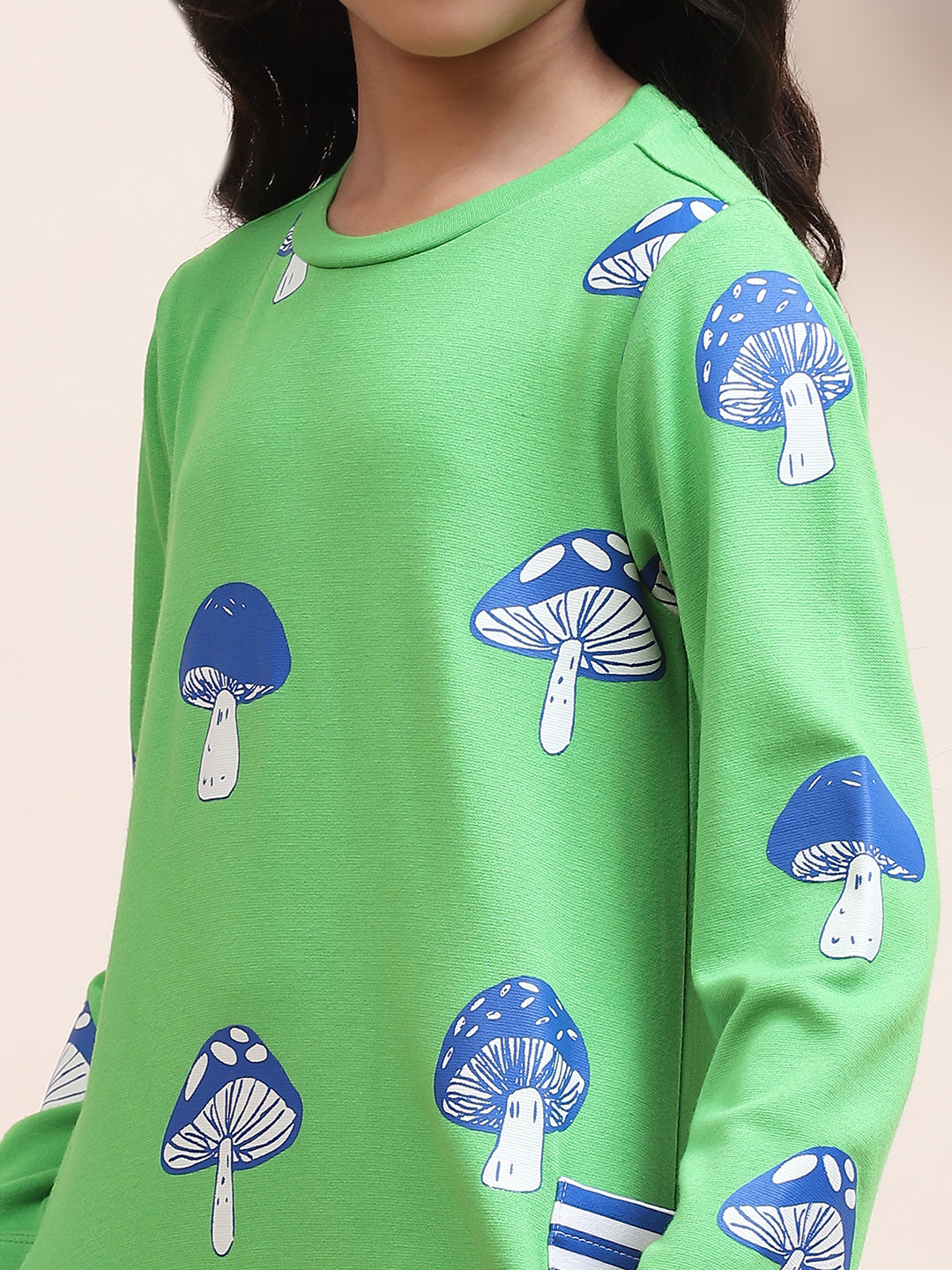 Girls Green Mushroom Print Casual Dress