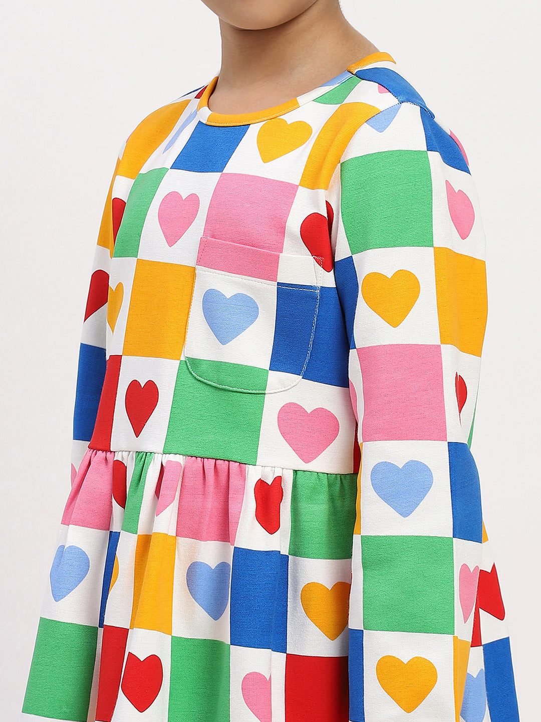 Girls' Colorful Heart Print Patchwork Dress - Fun & Playful Everyday Wear