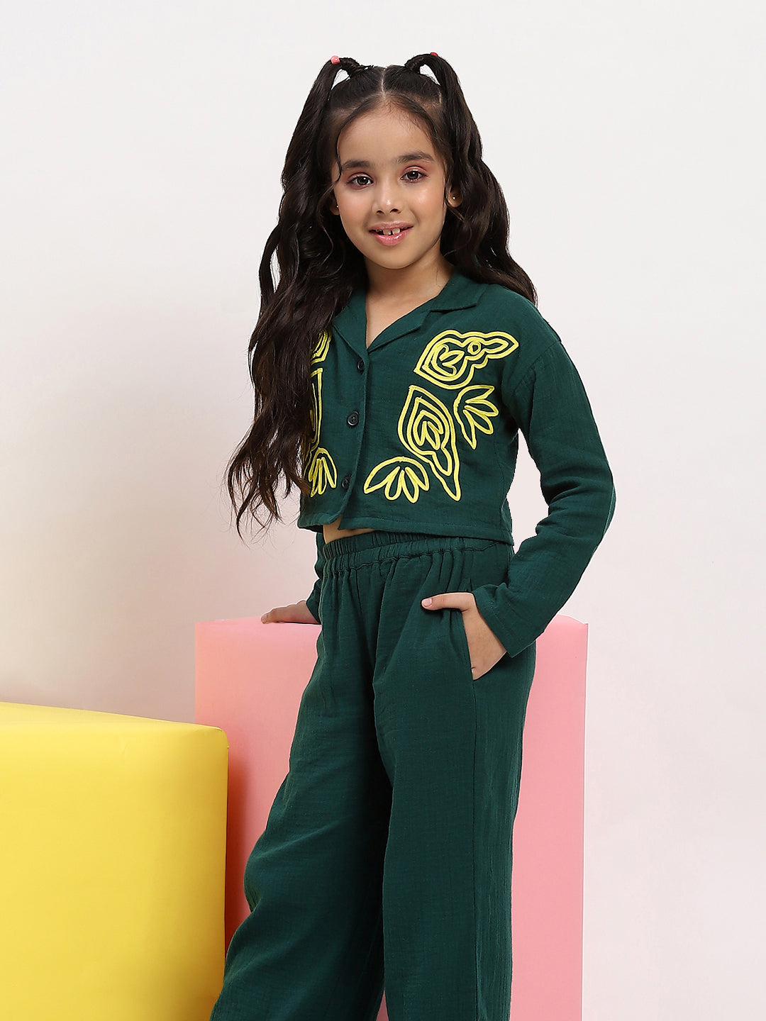 Spunkies Cotton Gauze Knit Embroidery Regular Casual Wear Set Girls Full Sleeve Green Soft Fabric