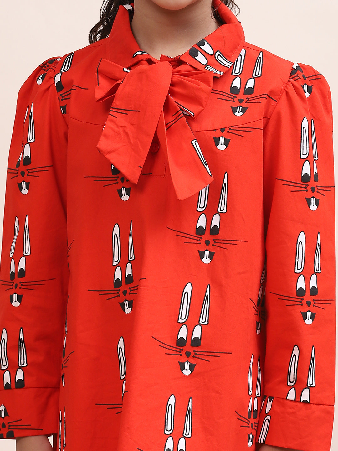 Girls' Red Bow-Tie Dress with Fun Bunny Print - Stylish & Playful