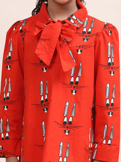 Girls' Red Bow-Tie Dress with Fun Bunny Print - Stylish & Playful