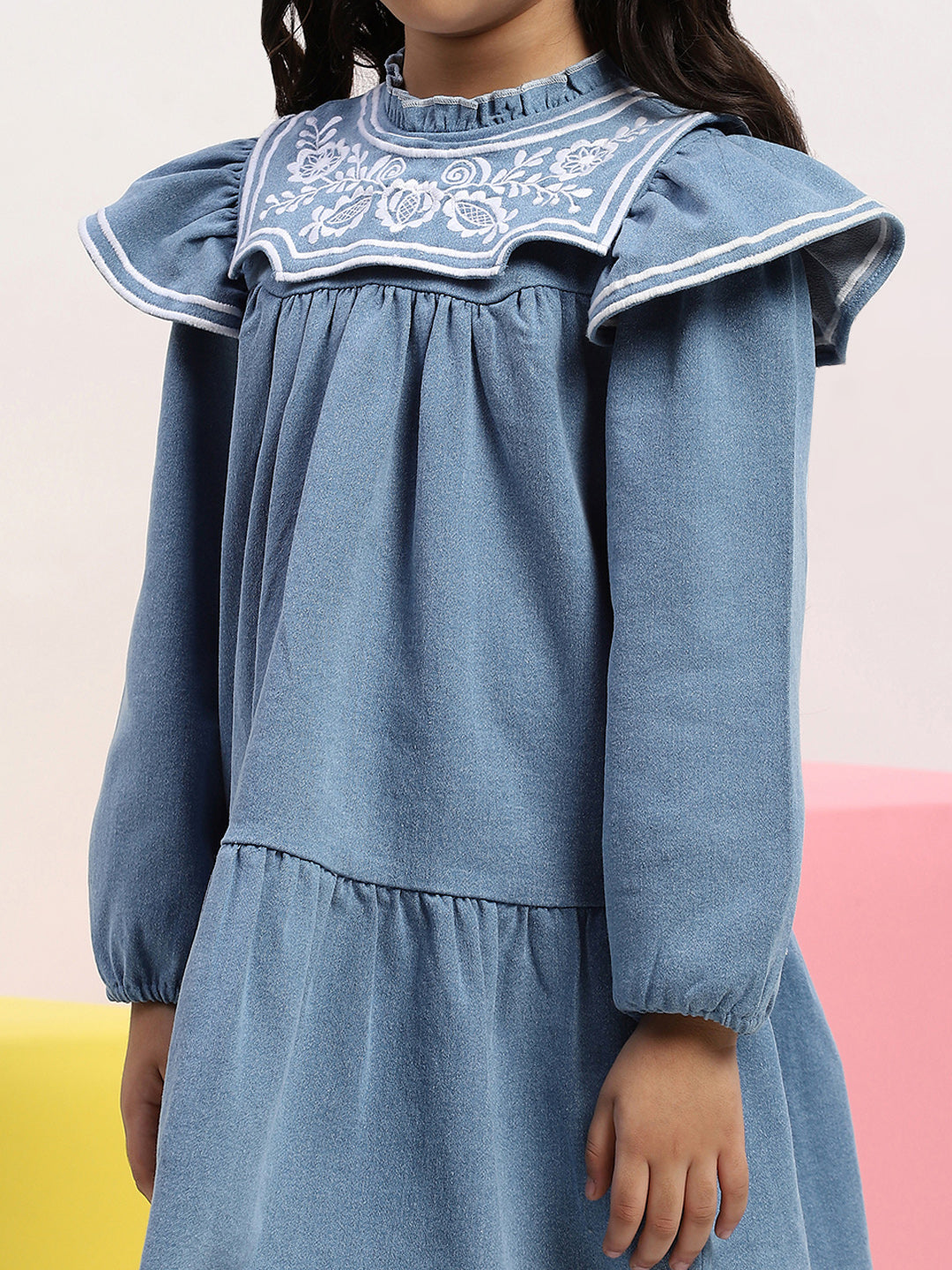 Chic Blue Denim Dress for Girls with Embroidered Yoke