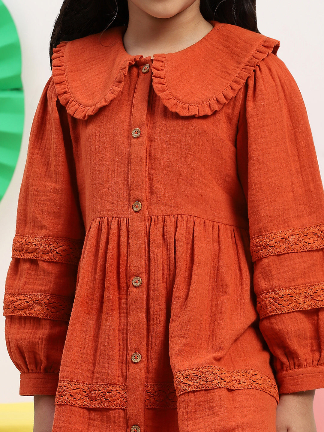 Girls' Rust Button-Down Dress with Ruffled Collar & Lace Detailing - Vintage Charm