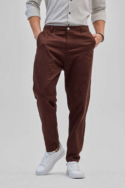 Brown Textured Relaxed Fit Trousers