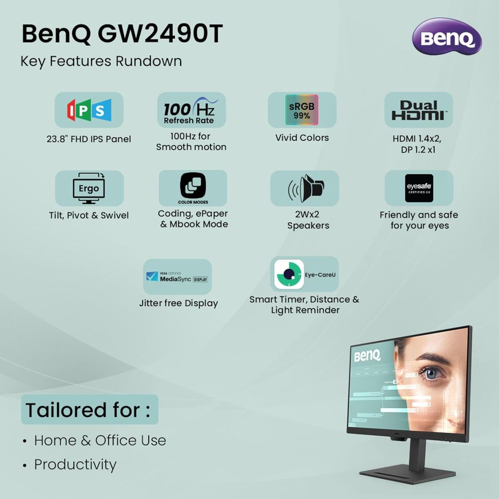 BenQ GW2490T 24 Inch FHD 100Hz IPS Panel 99% SRGB 5MS IPS AMD Freesync Office Monitor