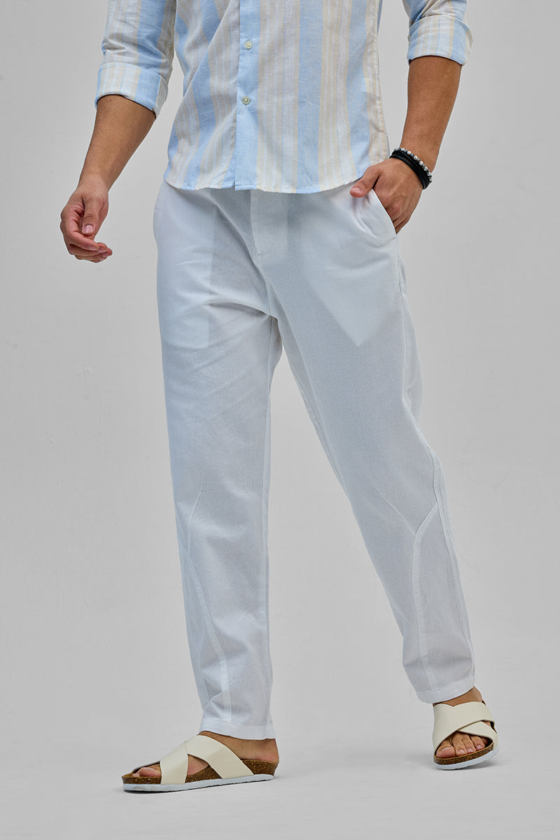 White Textured Relaxed Fit Trousers