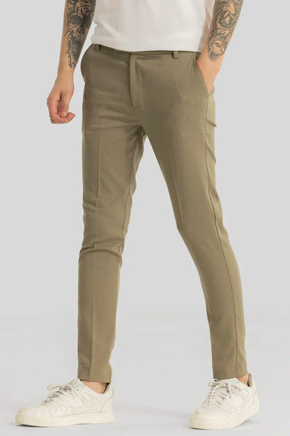 Yann Khaki Plain Slim Fit Trousers