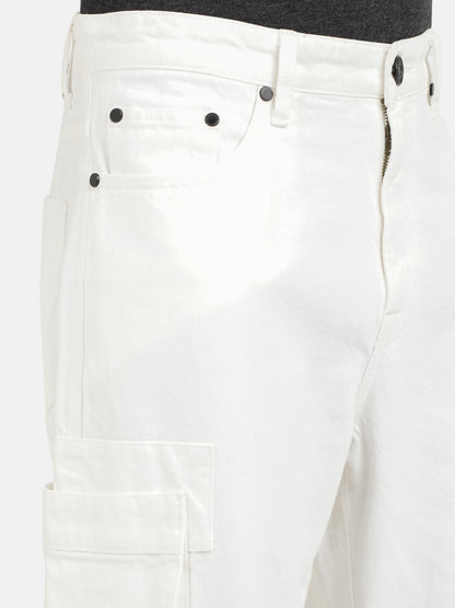 Men White Straight Fit Solid Denim Cargo Jeans