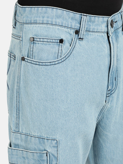 Men Light Blue Straight Fit Solid Denim Cargo Jeans