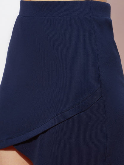 Blue Cotton Ribbed Crew Neck Top & Skirt Set