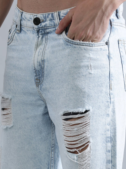 Men Light Blue Relaxed Fit Solid Highly Distressed Jeans