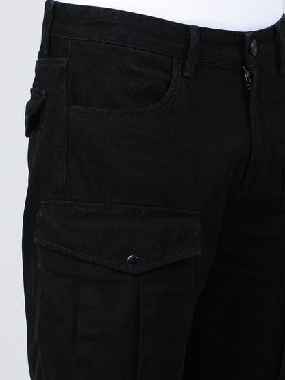 Men Black Relaxed Fit Solid Denim Cargo Jeans