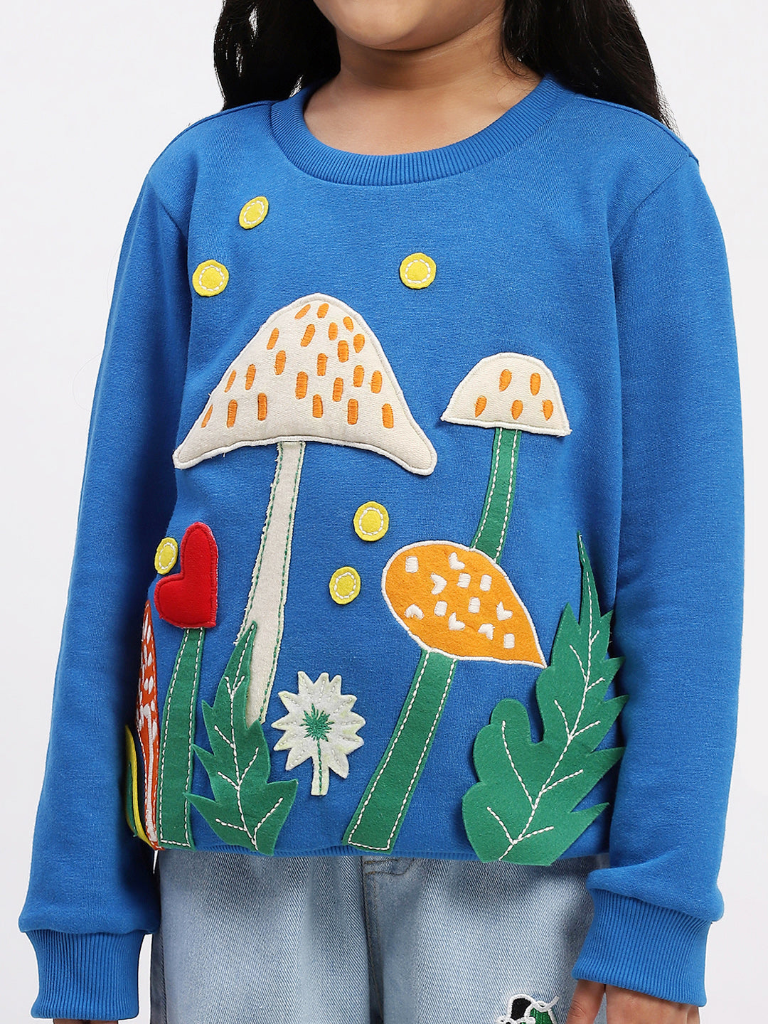 Spunkies Cotton Fleece Knit Padded Mushroom Embroidered Blue Sleeves Girls Sweatshirt