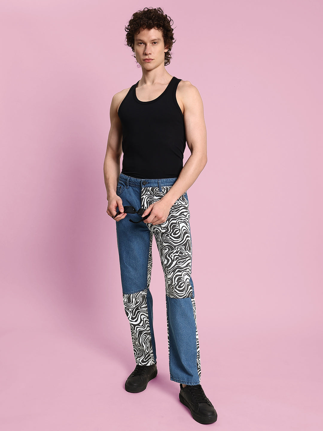 Men's Trendy Blue Jeans with Swirls Print Cut & Sew