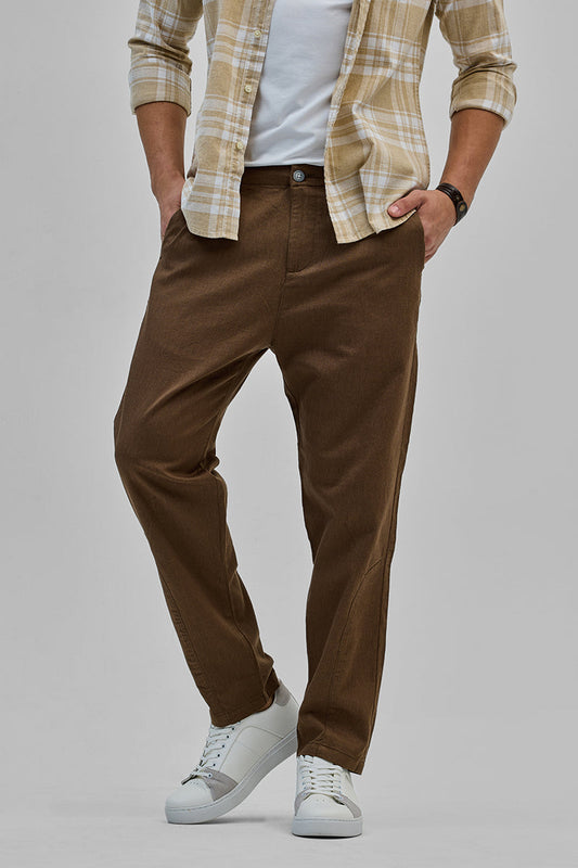 Brown Textured Relaxed Fit Trousers