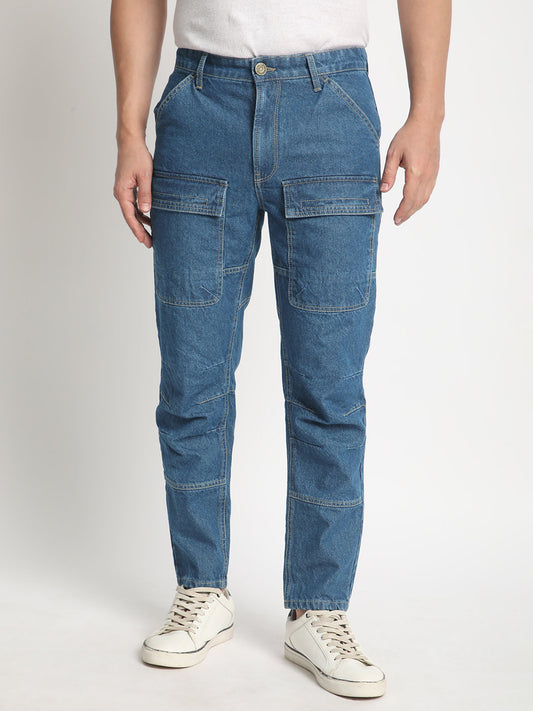 Men Blue Comfy Tapered Fit Solid Cargo Jeans