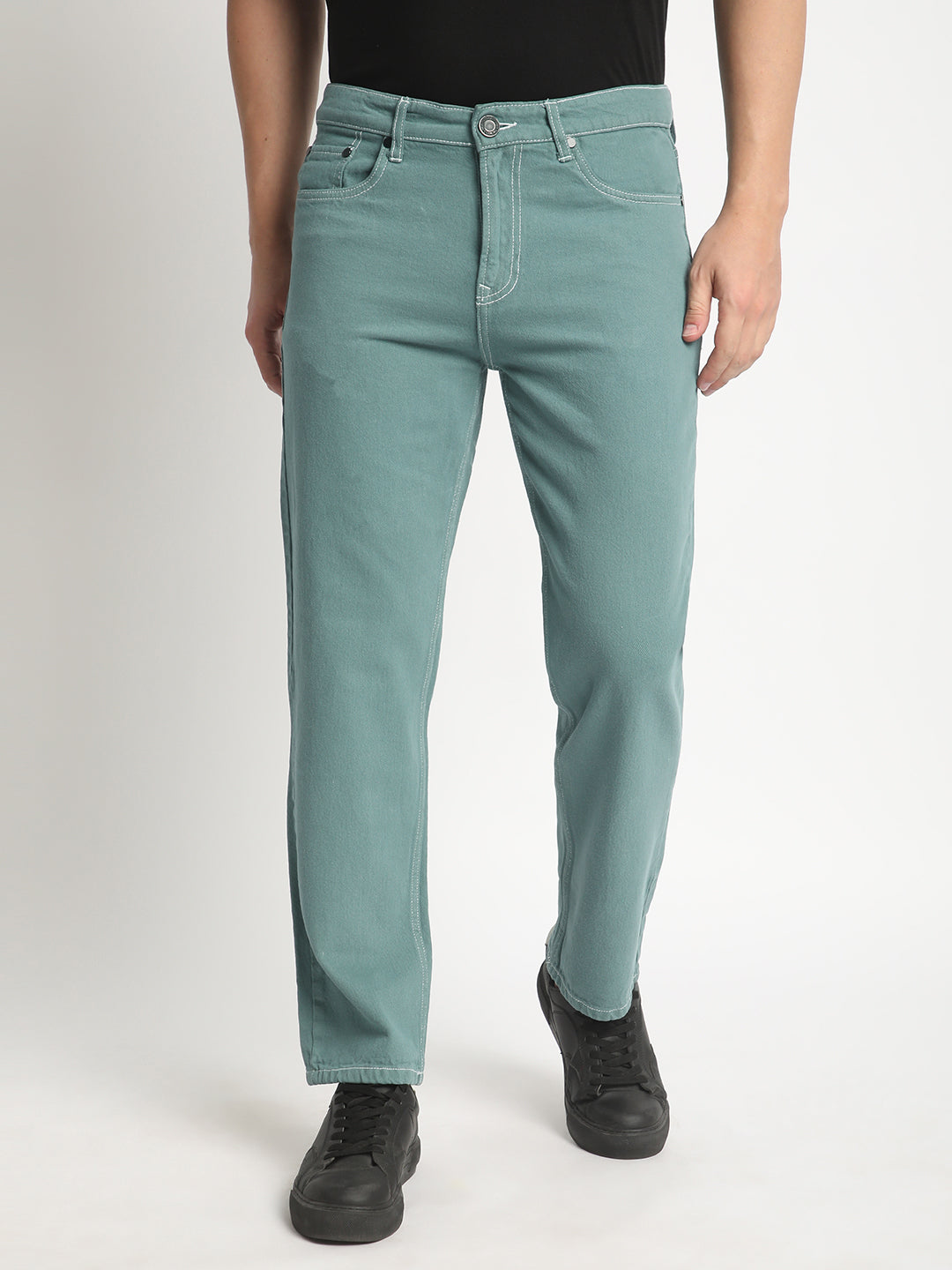 Men Teal Green Relaxed Fit Solid Coloured Jeans